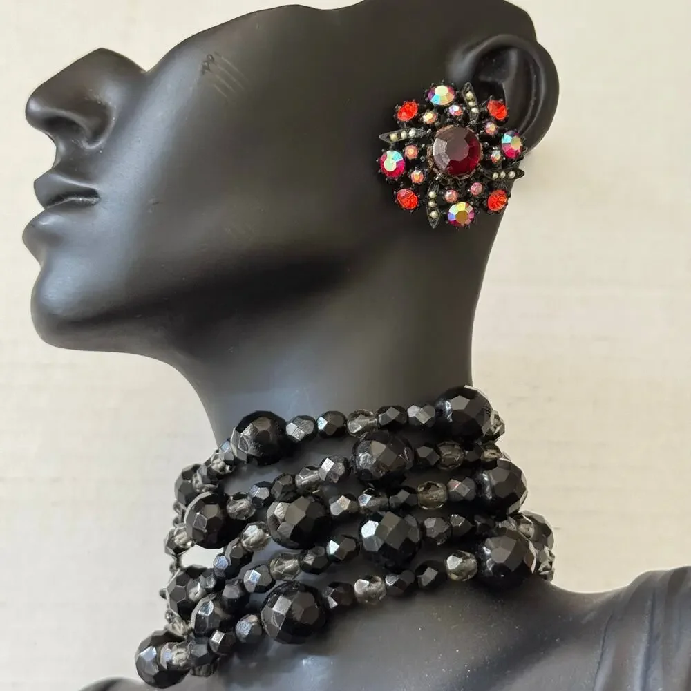 Vintage Black Jet Crystal Choker Necklace Clip Earrings Set Red Rhinestones